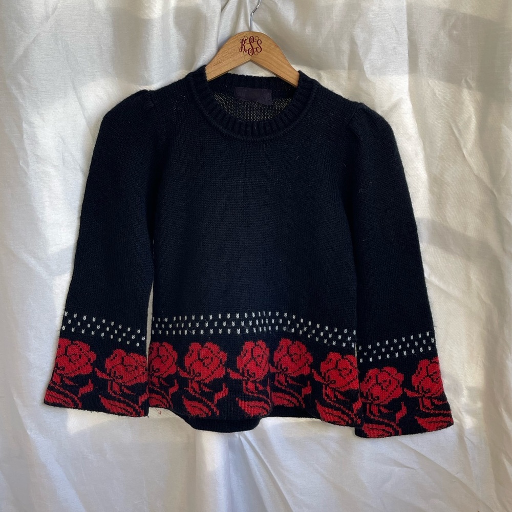 VTG 90’s Rose Flower Polka Dot Patterned Black Red Knit Bell Sleeve Sweater